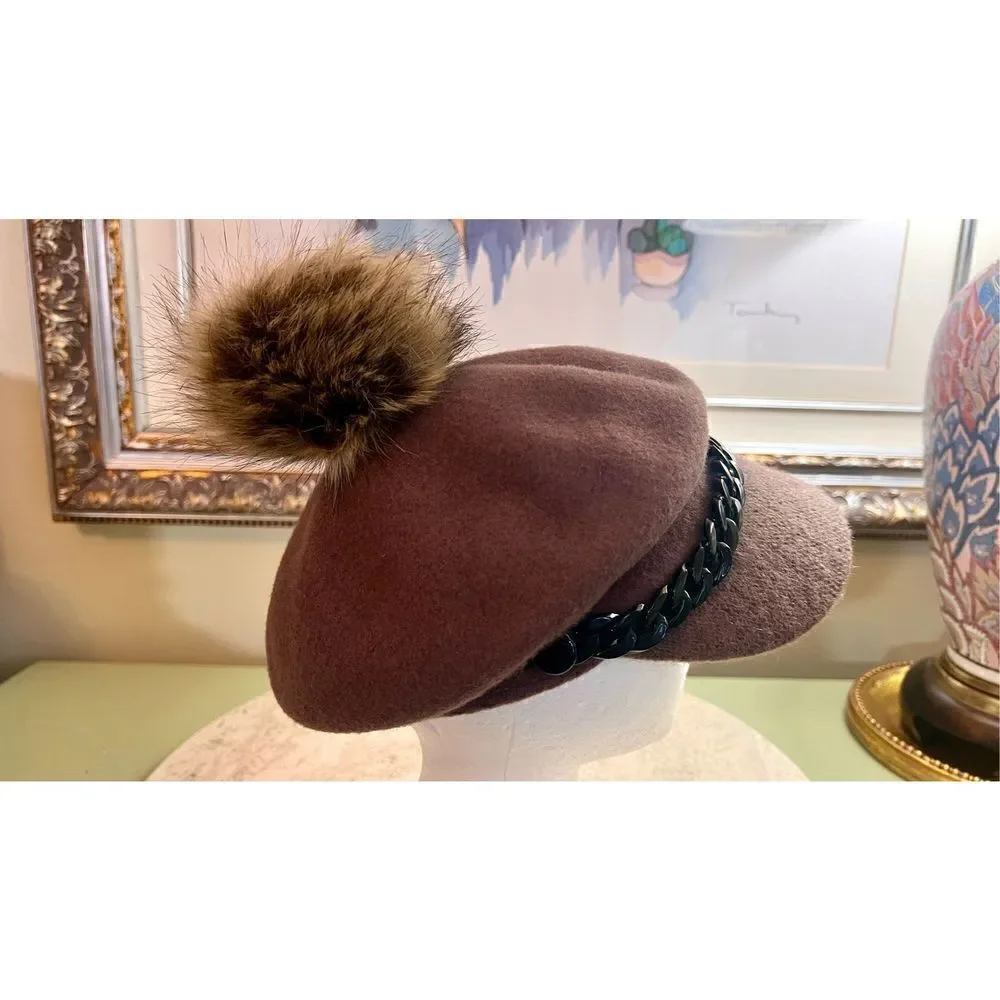 Vintage Handmade Faux Fur Pom Pom‎ Wool Brown Hat Women’s Newsboy Cabbie - Picture 5 of 11